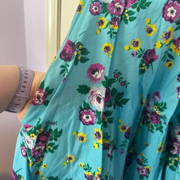 Hell Bunny Vixen Turquoise Floral Halter Dress Size M Pinup Flowy Vacation - Picture 6 of 8